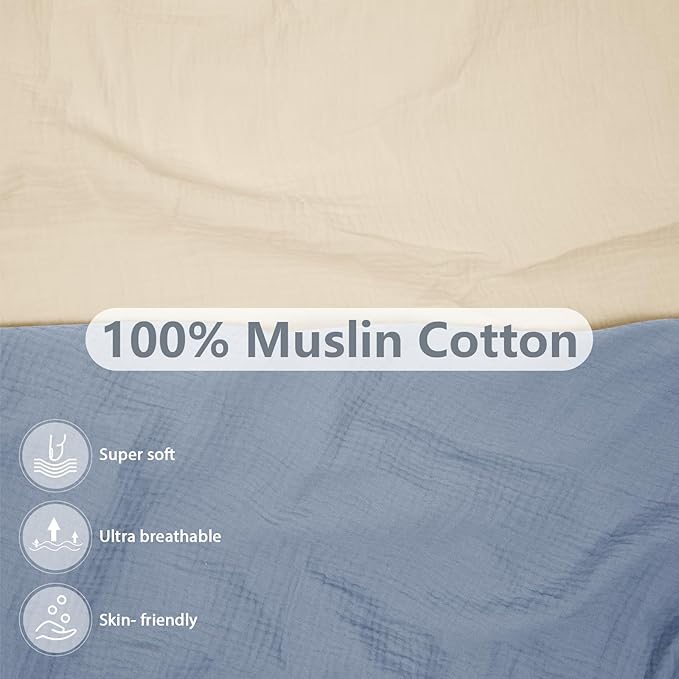 2 Pack Soft Muslin Baby Mini Crib Sheets, 100% Cotton Breathable Double Layer Fitted Sheets for Mini Crib and Pack N Play Mattresses 24x38 Inches, for Baby Girls and Boys (Beige & Grey