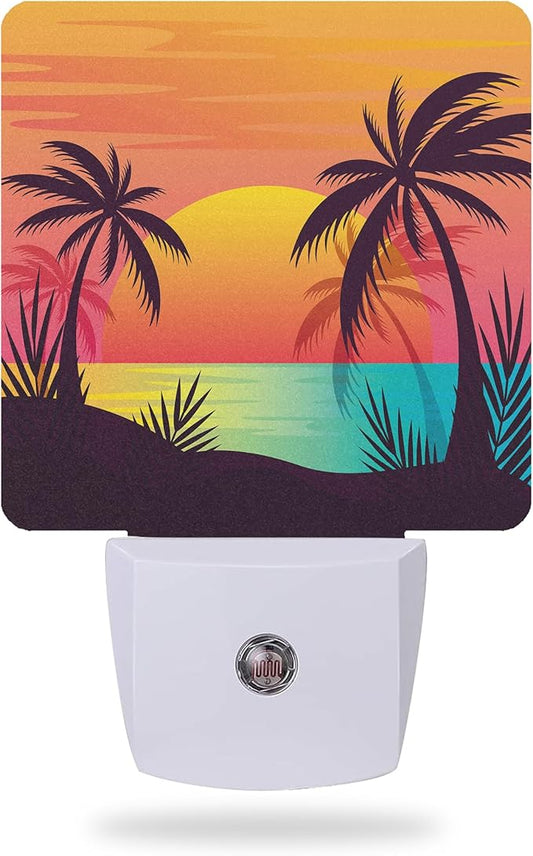 Night Light,Palm Tree with Beach Sunset Night Lights Plug into Wall for Boys Girls Bedroom Decorative Half Round Nightlight Led Lamp 0.5W Sleep Friendly