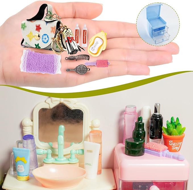 87Pcs Dollhouse Miniature Bathroom Accessories Cosmetic & Toilet Pretend Play Mini Makeup Set with Shampoo Perfume Hair Dryer Comb Purse Decor DIY Doll Backpack Glasses Photo Frame Salon Spa