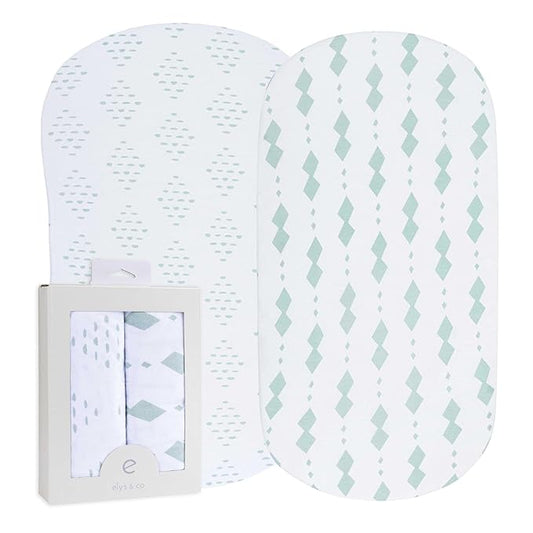 Bassinet Sheets Fitted Cover - Flexible Fit 100% Soft Jersey Knit Cotton - Neutral Grey Sage Diamond - 2 Pack Set