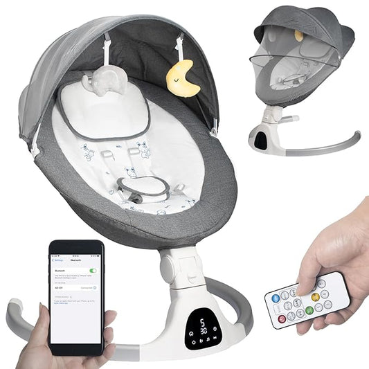 Baby Swing for Infants to Toddler Portable Babies Swing Timing Function 5 Swing Speeds Bluetooth Touch Screen Music Speaker with 10 Preset Lullabies 5-Point Carabiner
