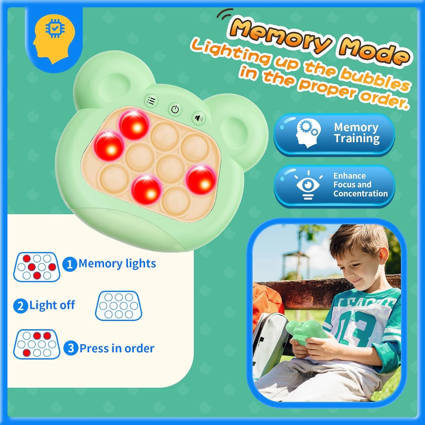 Fast Push Bubble Game, Light-up Pop Game Fidget Toys for Kids and Adults, Electronic Handheld Games, Stress Relief Toys for 6 7 8 9 Year Old Boys & Girls (Green)