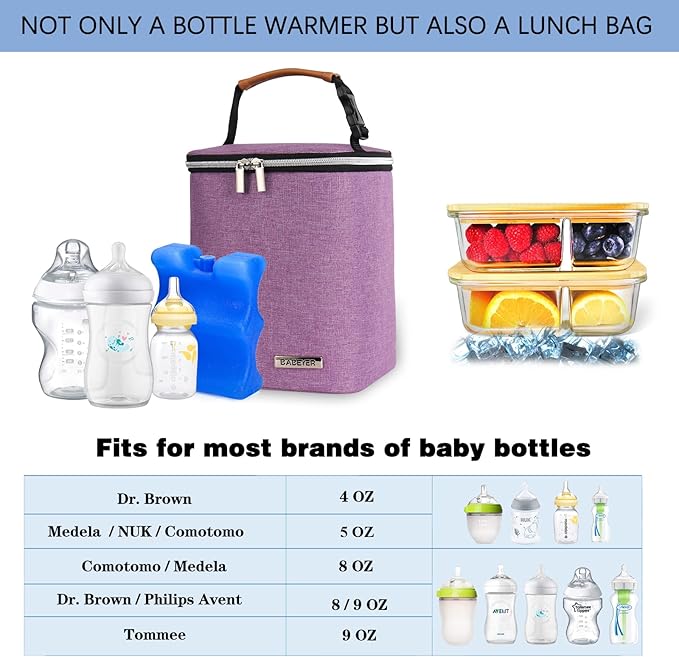 Breast Milk Cooler Bag with Ice Pack Fits 4 Baby Bottles Up to 9 Ounce, Baby Bottle Bag Great for Nursing Mom Daycare, Purple