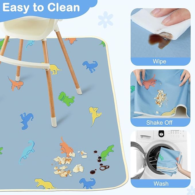 Splat Mat for Under High Chair 42 x 42 Inch Waterproof Baby Splash Mat with Non Slip Bottom Reusable Portable Highchair Mat for Floor Food Catcher for High Chair, Blue Dinosaur