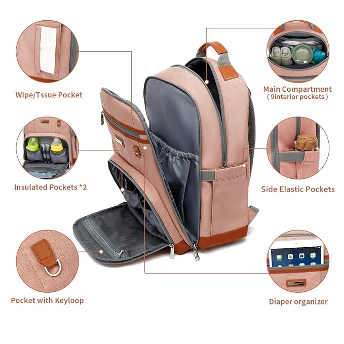 Diaper Bag Backpack, Large Baby Nappy Bags with Portable Changing Pad for Boys and GirlsMultifunction Travel Baby Bag for Moms Dads, Shower Gifts Waterproof and Stylish，Deep Powder