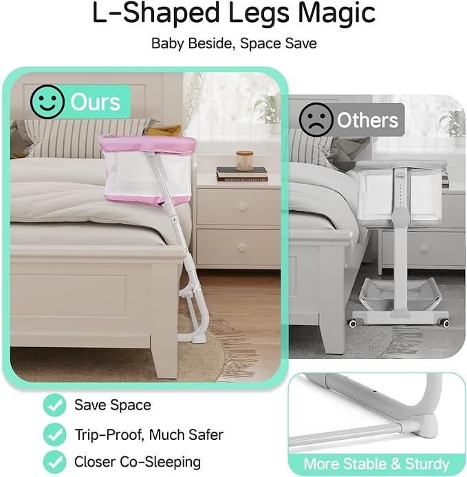 Cowiewie Bassinet Bedside Sleeper,Baby Bassinets Higher Place on Bed,5-Position Adjustment Baby Crib,Breathable 360°All-Around Mesh Sides Bedside Bassinet,Space-Saving Bedside Cribs, Pink