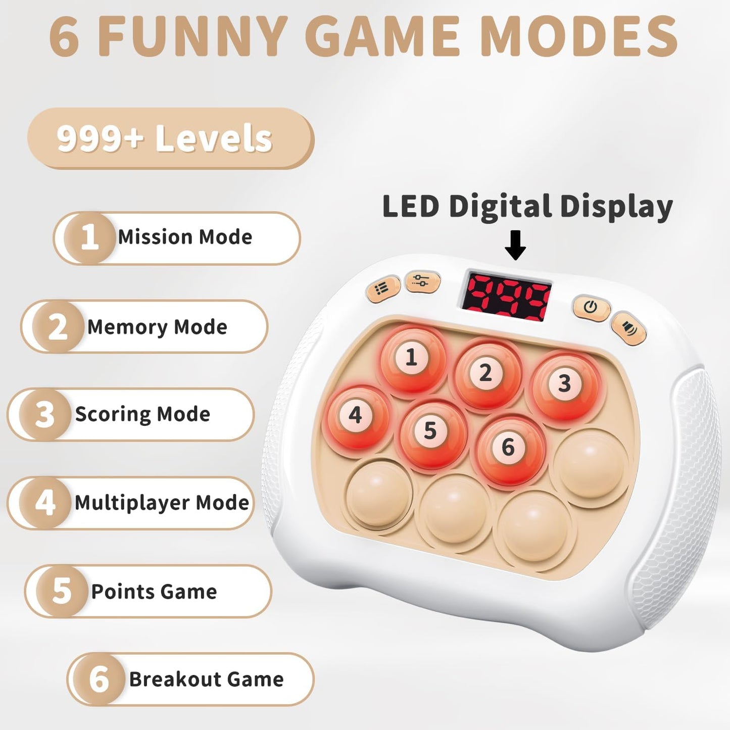 Pop Game Light Up Fidget Toy for Kids, 6 Modes LED Screen Quick Push Pop Game Controller Electric Fidget Popper Game Quick Push Bubble Game Birthday Toys for Boys Girls White