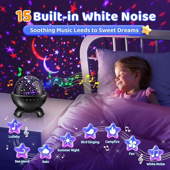 One Fire Kids Night Light Projector,15 White Noise+15 Color+Bluetooth Baby Light Projector Night Light for Kids,Remote+Dimmable Projector Night Light,Star Night Light Projector for Kids Room