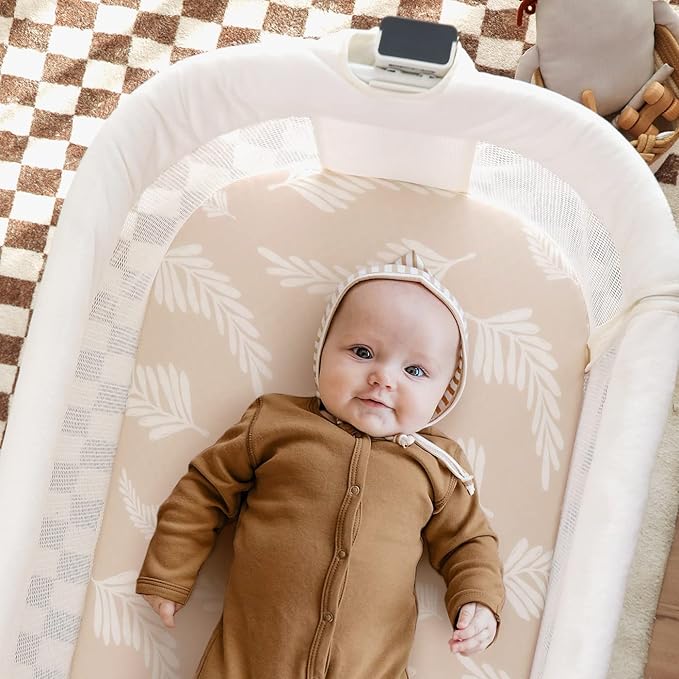 GRSSDER Stretchy Ultra Soft Fitted Bassinet Sheet Set 3 Pack, Universal Fit for Bassinets Baby Cradle Moses Basket Oval Rectangle Mattress Safe and Snug, Stylish Pretty Flora for Baby, Beige