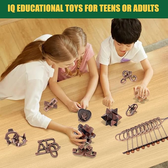 13 Pcs Brain Teaser Puzzles for Adults - Metal Puzzles 3D Puzzle Game Toys for Adults Teens - Wooden Unlock Interlocking Puzzle Adult IQ Education Smart Toys