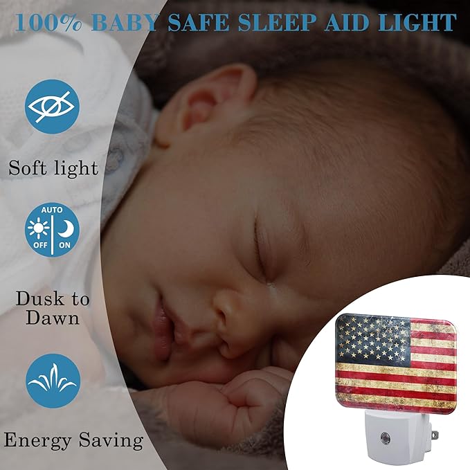 Vintage American Flag Night Light for Kids Girls Boys, Retro USA Flag LED Night Light Plug into Wall with Dusk to Dawn Sensor for Room, Hallway, Kitchen, Bathroom, Stairs Decor
