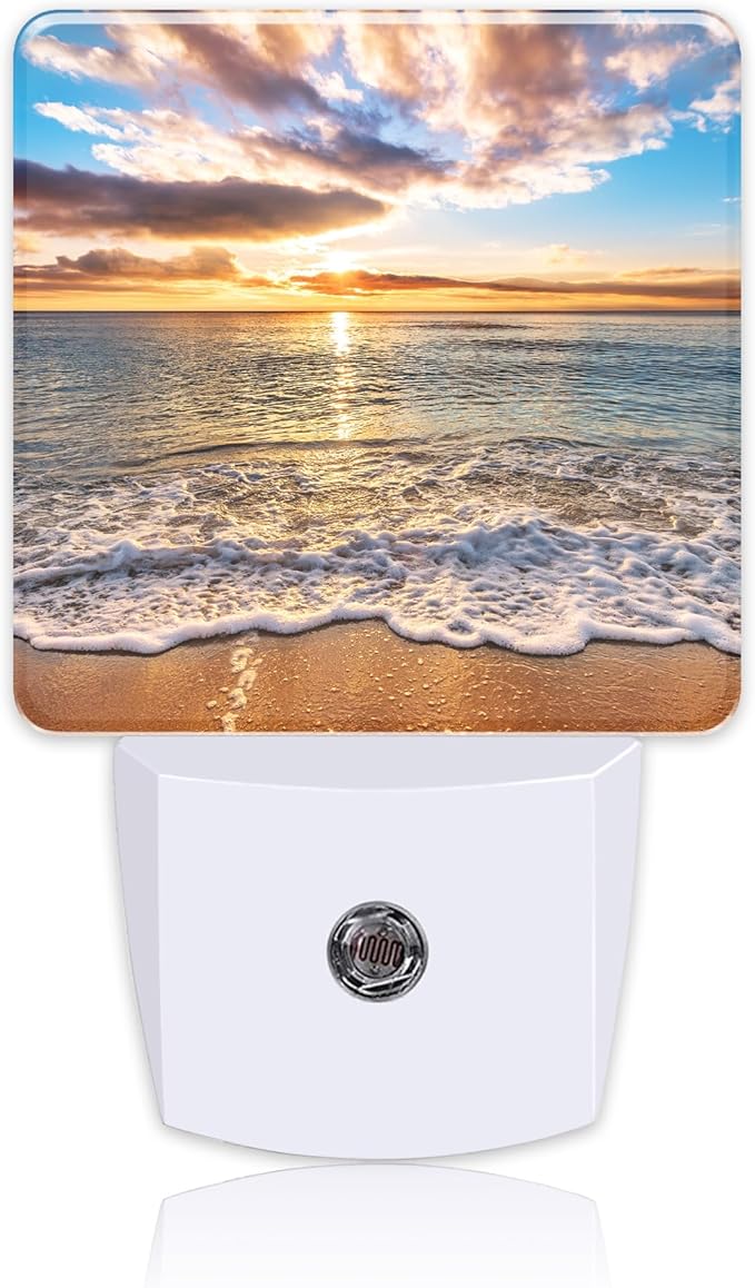 Colorful Ocean Beach at Sunrise Night Light Plug into Wall with Dusk to Dawn Sensor Cute Nightlight for Kid Girls Boys Women Men Room Decor, Hallway, Kitchen, Bathroom, Nursery, Stairs