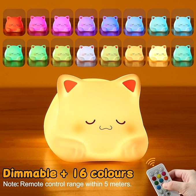ZKLiLi Night Light for Kids Cute Cat Lamp,16 Colors+Tap+Remote+Silicone Kids Night Light,USB Rechargeable Cat Night Lights for Room Decoration