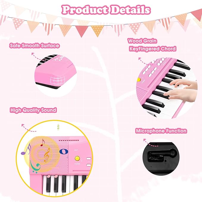Toy Piano Keyboard for Kids Upgrade Electric Pianos Toys for 3 4 5 6 7 8 Year Old Girls Boys Beginners Keyboards with Microphone Toy for 3+ Year Old Kid Gifts (Pink)