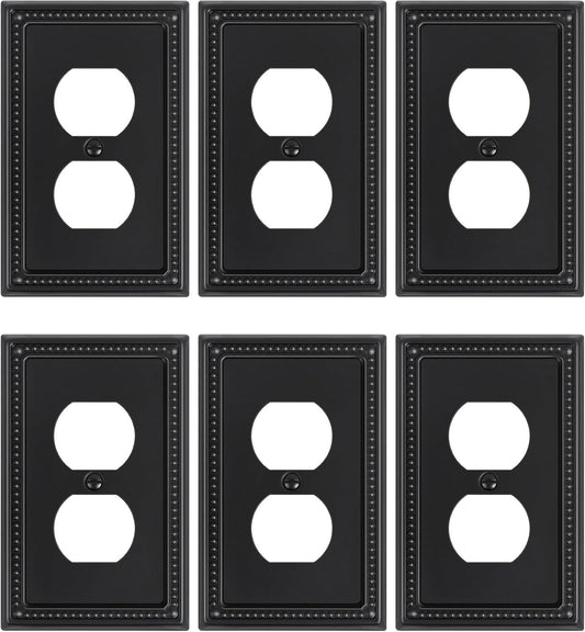 6-Pack Duplex Outlet Cover, Black Metal Wall Plates for Electrical Outlets, 1 Gang Receptacle Light Switch Cover, Pearls Beaded Decorative Switch Plates and Outlet Covers