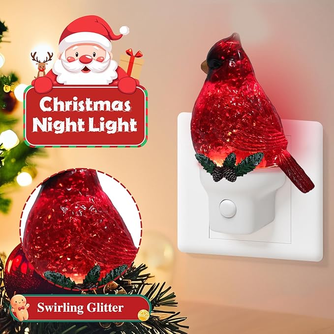 2 Pack Christmas Cardinal Night Light Plug into Wall Glitter Water Nightlight with USB/Outlet Options, Christmas Decorative Nightlight for Bedroom Kitchen Nursery Holiday Decorations Gifts (Cardinal)