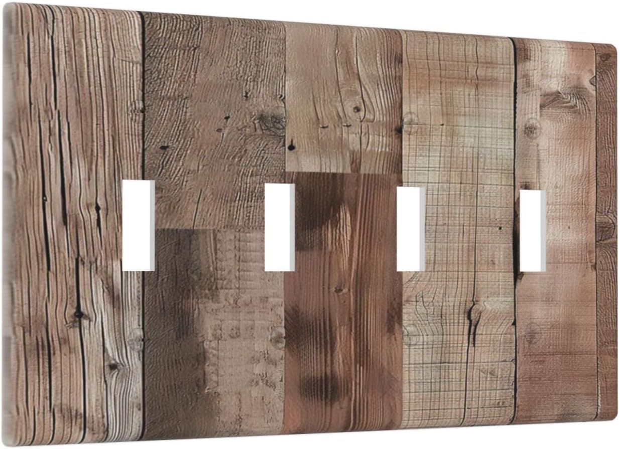 Decorative Switch Covers Plate Retro Wood Plank Vintaga Wooden Board Cabin 4 Gang Artistic Wall Plate Unique Quad Toggle Light Switch Plate Jumbo Faceplate for Bedroom Home Decor
