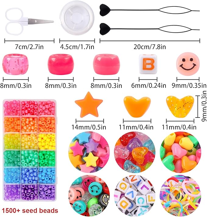 1500+pcs 8mm Hair Beads for Hair Braids Kit Rainbow Pony Bead for Jewelry Making DIY Crafts Mixed Colors Glitter Transparent Mix Plastic Pony Bead with Beader and Rubber Band for Gift
