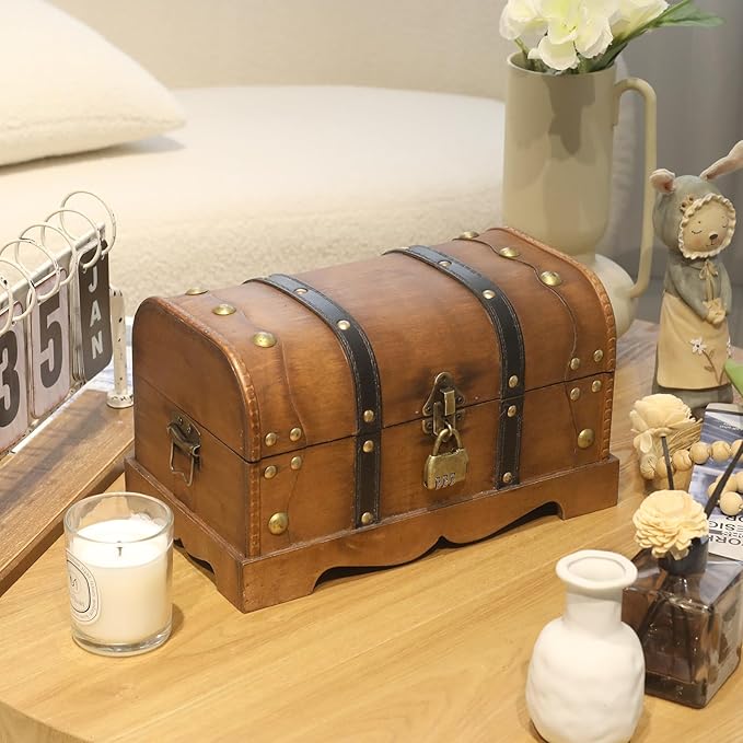 Vintage Wooden Treasure Chest Decorative Box with Lock - 12.2" x 7.1" x 7.1", Brown