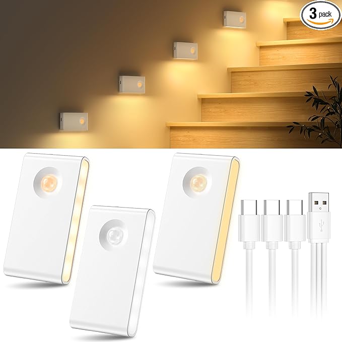 YiaMia Stair Lights Motion Sensor Indoor, 3-Pack Rechargeable Night Lights with Adjustable Brightness, Wireless Under Cabinet Lighting for Stairs, Bathroom, Bedroom