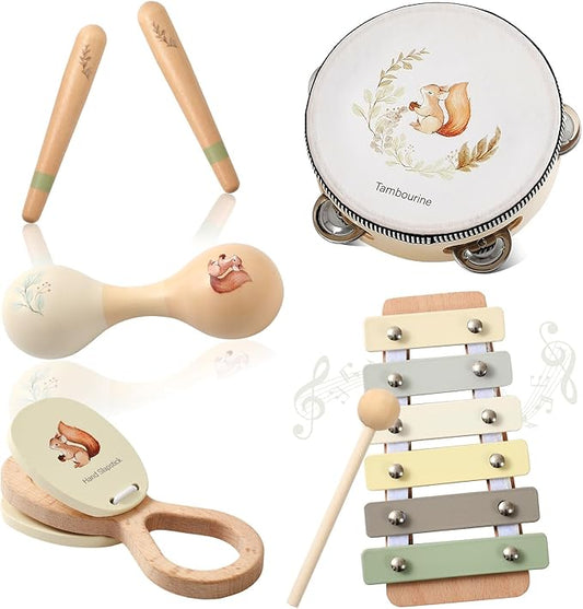 Baby Wooden Montessori Musical Instruments Set for Toddlers - Neutral Colors Percussion Set With Modern Boho Xylophone Tambourine - Educational Toys for Preschool Kids