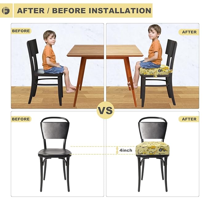 Toddler Booster Seat for Dining Table, Portable Booster Seat for Kitchen Chair, 4 Inch High-Density Foam Cushion with Adjustable Safety Straps and Non-Slip Bottom, Perfect for Kids Travel and Daily