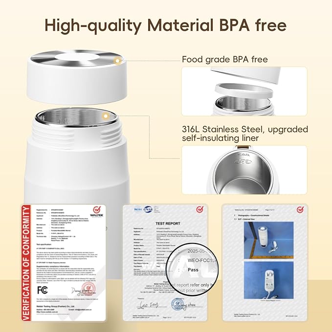 Portable Bottle Warmer for Travel, Detachable Baby Bottle Warmer Portable for Breastmilk Formula, Fast Heating & Long time Temp Keep, Rechargeable, Healthy for Baby on Journey, Car, Airplane