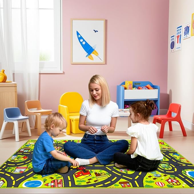 Car Rug for Kids 2.6x5 Feet - City Road Track Rug, Educational Car Floor Mats for Kid Room Playroom Games Room