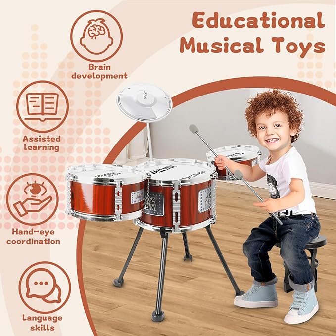 Kids Drum Set Music Toy Drum Set for Toddlers Ages 3-5 Jazz Drums Kit with Stool, 3 Drums Percussion Musical Instruments Toys for 3 4 5 Year Old Boys Girls Gifts
