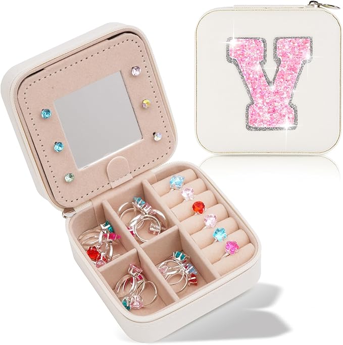 Personalized Jewelry Case for Women Girls - Fashion Mini Jewelry Boxes - Trendy Travel Jewelry Organizer with Initials Letter - Teen Gifts | Cream,V