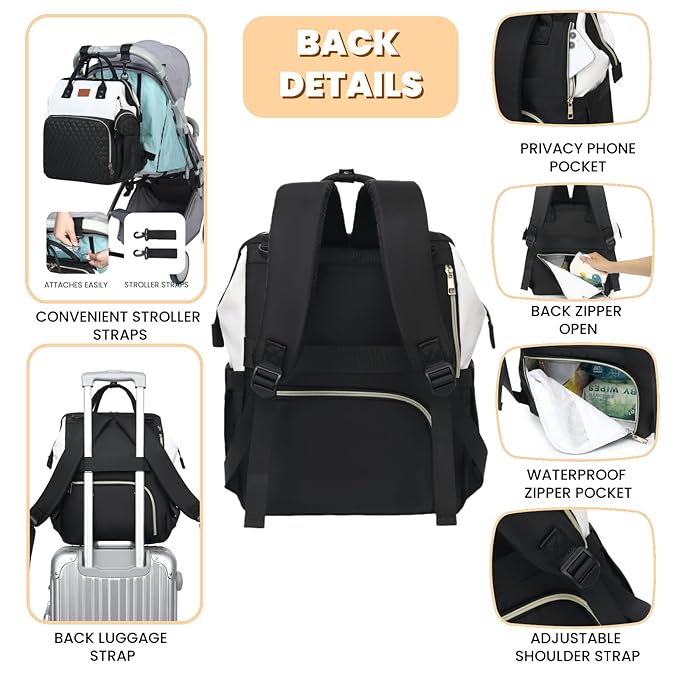 Baby Diaper Bag Backpack with Changing Pad, Pacifier Case, for Boy Girl Toddler - Large, Stylish, Waterproof Travel Quilted Diaper Bag for Mom - Black/White