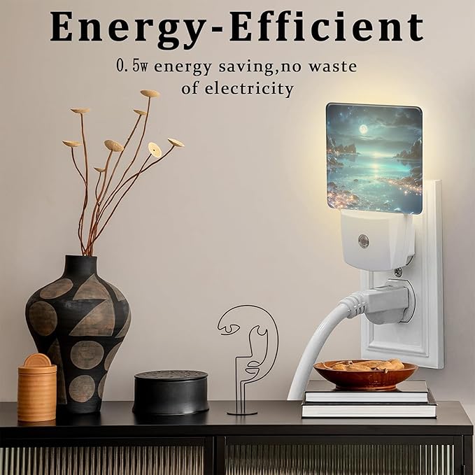 Full Moon and Sparkling Lake Night Light Plug into Wall, Magical Beach Dusk to Dawn Night Light, 0.5w Energy Saving Sleep Friendly Nightlights for Kids Boys Girls Home Decor