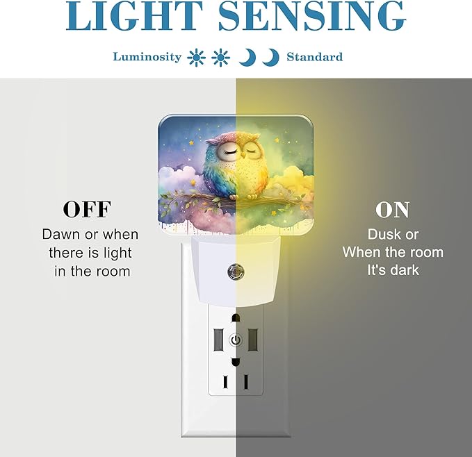 Cute Watercolor Sleeping Owl Night Light for Kids Girls Boys, Cartoon Owl LED Night Light Plug into Wall with Dusk to Dawn Sensor for Bedroom, Hallway, Kitchen, Bathroom, Stairs Decor