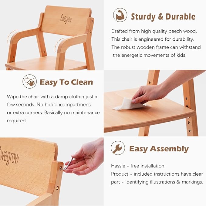 Swegrow Wooden High Chair with 2 Wheels, Adjustable Seat - Backrest - Footrest Heights, Wooden High Chair for Toddlers - Kids and Baby, Kids Dining Chair with Removable Cushion(Beige)