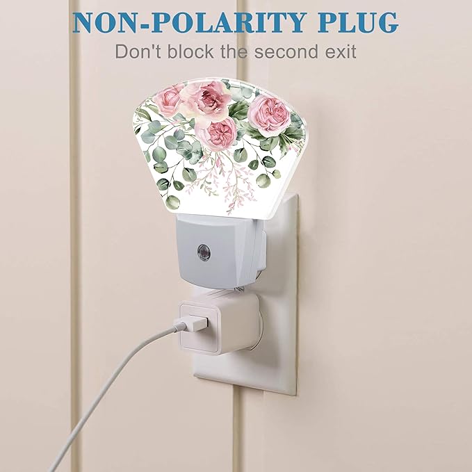 Pink Flowers Plug in Night Lights, Eucalyptus Greenery Nightlight Plug Into Wall Dusk to Dawn Sensor for Kid Girls Boys Women Men Bedroom, Hallway, Kitchen, Bathroom, Stairs Decor