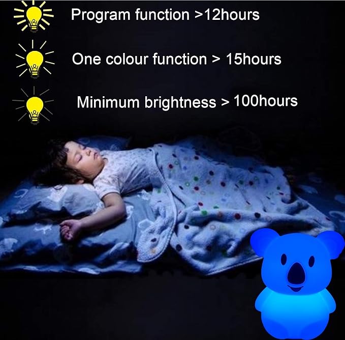 Koala Night Light for Kids Silicone Bedside Bedroom Lighting, Baby Nursery Light Sleeping NightLights, Color Changing Lamps - Eye Caring, Adjustable Brightness & Color, Time Setting - Medium