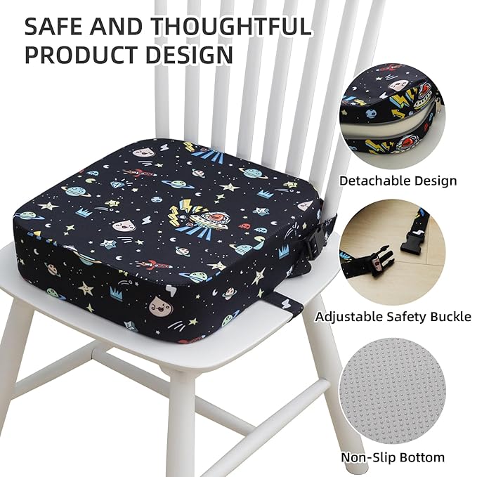 Toddler Booster Seat for Dining Table, Portable Kids Booster Seat with Safety Buckles Portable Increasing Booster Cushion with Non-Slip Bottom (Black Astronaut)