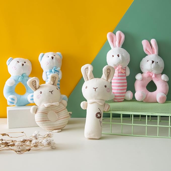 Plush Baby Soft Rattle Toys, Beige Bunny Baby Rattles for Infants Baby First Stuffed Animal Plush Rattle Shaker Set for Newborns Soft Ring Rattle Sensory Toys for Infant Boys Girls Shower Gifts, 2 PCS
