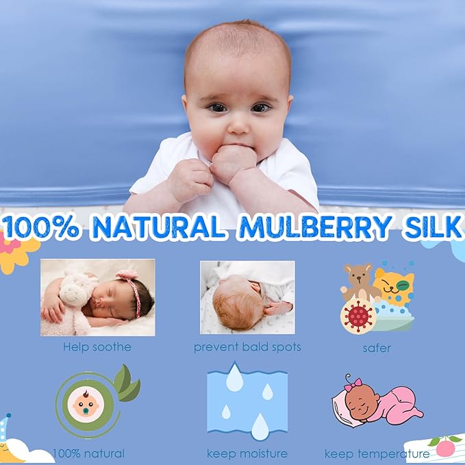 PROMEED 2 Pack 100% Mulberry Silk Crib Sleeve for Baby Hair Loss Prevention, Premium 23 Momme Natural Silk Bassinet Slip for Bassinets/Cradles/Cots/Cribs (Light Blue)
