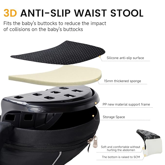 Ergonomic Baby Hip Carrier-Baby Waist Stool with Adjustable Strap and Chest Harness Huge Storage Enhanced Lumbar, Carrier for Newborn to Toddler Black