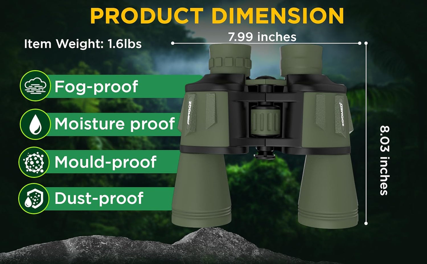 Binoculars with Phone Bracket Adapter, Militar, 20x50, Adults, High Power Waterproof with Low Light Night Vision for Hunting, Travel, Games, Bird, Carrying Case Strap.