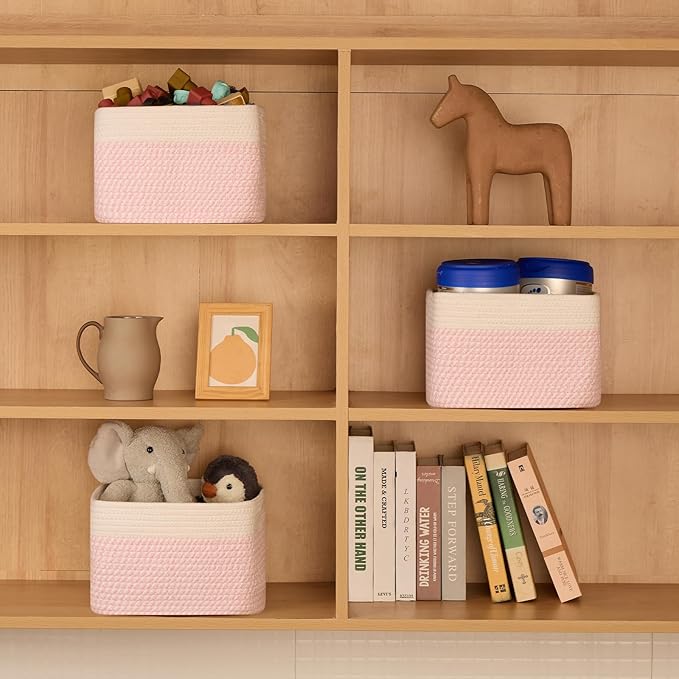 Small Organizing Baskets for Cubes Shelf, 9.7x9.7x7.1 Inch Rope Woven Storage Bins for Nursery Shelves Storage, Cute Toy Basket, Square 3 Packs Off White Pink