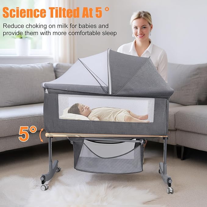 3-in-1 Baby Bassinet Bedside Sleeper for Newborns & Infants - 6-Level Height Adjustable, Portable Convertible Bassinet/Cradle with Mosquito Net, Storage Basket & Wheels,Easy Assemble (Grey)