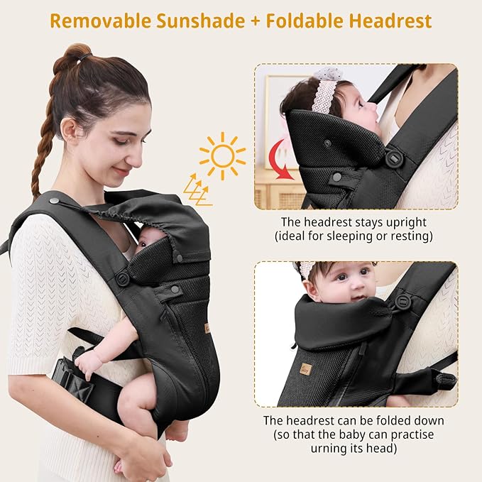 CUBY Newborn Baby Carrier with Head Support and Sunshield, Breathable & Easy Adjustable Newborn Toddler Front Baby Carriers Sling,Hands-Free Newborn Carrier up to 40lbs(Black,Upgraded-with Waist Belt)
