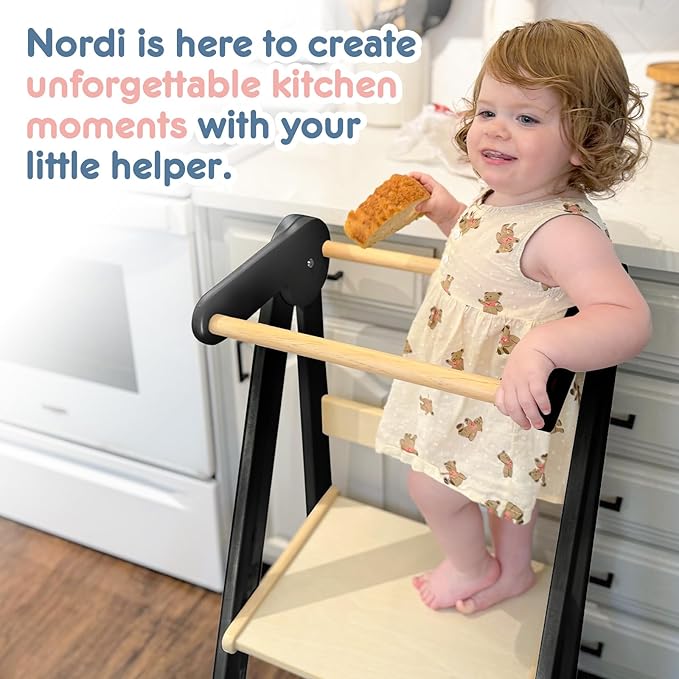 Nordi Foldable Toddler Kitchen Tower, Montessori Kitchen Stools Helper, Standing Tower with 3 Adjustable Heights, Suitable Age for 2-6 Years, Black