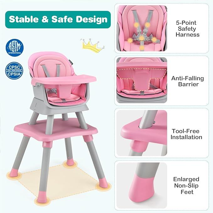 KOTEK Baby High Chair, 8 in 1 Convertible Highchairs for Babies and Toddlers, Building Block Table, Booster Seat, Toddler Chair with Removable Tray, Safety Harness, Dual Cushions (Pink)
