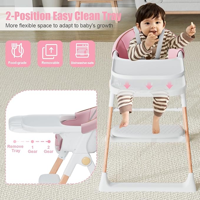 Baby High Chair, High Chairs for Babies and Toddlers, Convertible Folding High Chair with Removable Tray 5 Point Harness Footrest Detachable PU Cushion, Portable Highchair for Baby Toddlers