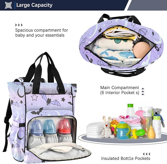 Diaper Bag Backpack Cute Bats Starry Sky Travel Diaper Bags for Women, 10L Functional Baby Changing Bag with Insulted Pockets, Stroller Straps