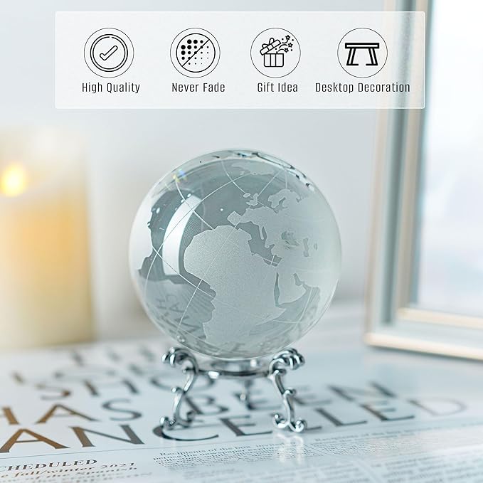 80mm Crystal Earth Globe Ball with Stand World Map Glass Sphere Desk Office Home Decor Glass World Globe Paperweight