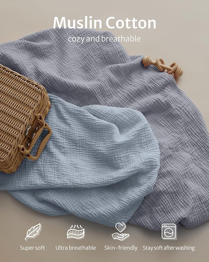 Blissful Diary Muslin Crib Sheets for Girl Boy, Boho Neutral Soft Cotton Baby Sheet for 52''x28'' Standard Crib Mattress, 2 Pack(Light Blue&Grey)